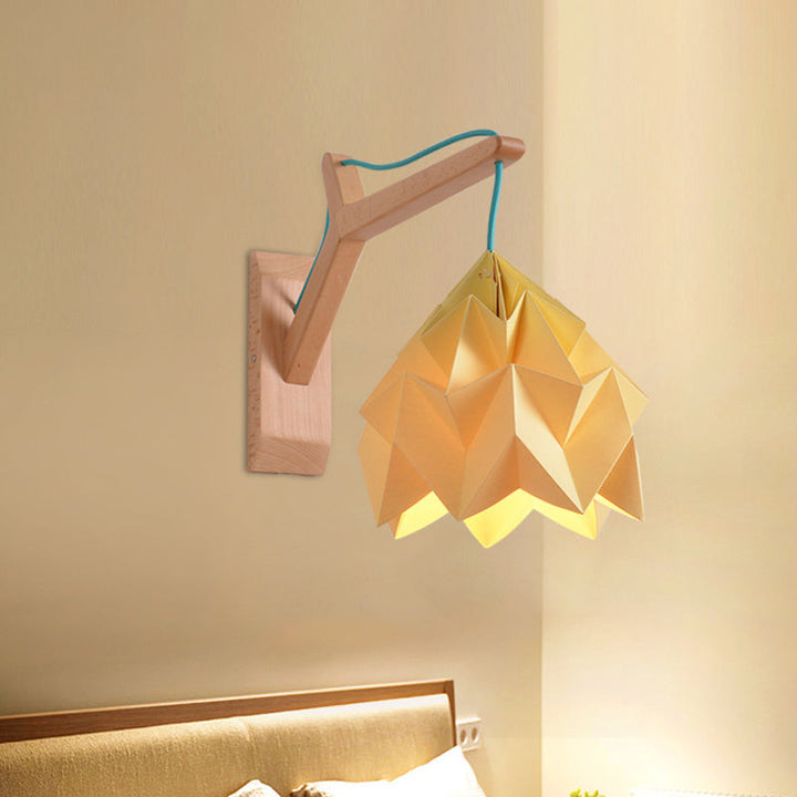 Lisslune | Curved Shadow Paper Wall Lamp Macaron 1 Head White/Pink/Yellow/Blue/Green Sconce Lamp with Wooden Backplate
