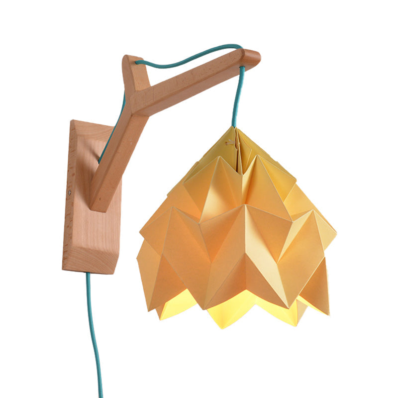 Lisslune | Curved Shadow Paper Wall Lamp Macaron 1 Head White/Pink/Yellow/Blue/Green Sconce Lamp with Wooden Backplate