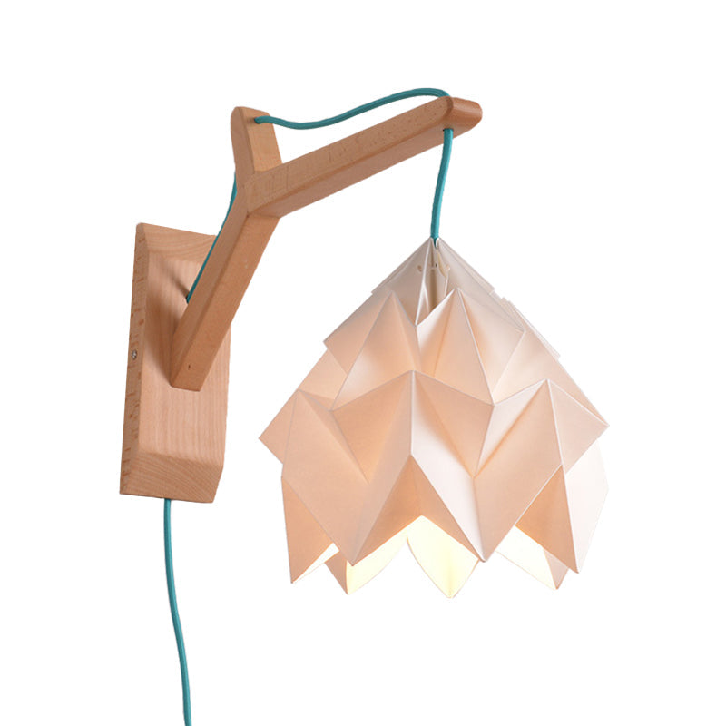 Lisslune | Curved Shadow Paper Wall Lamp Macaron 1 Head White/Pink/Yellow/Blue/Green Sconce Lamp with Wooden Backplate
