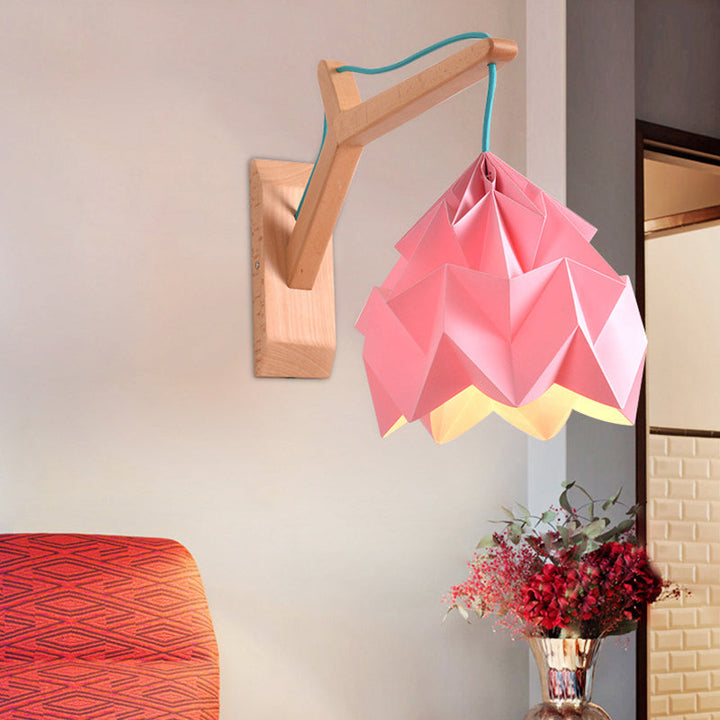 Lisslune | Curved Shadow Paper Wall Lamp Macaron 1 Head White/Pink/Yellow/Blue/Green Sconce Lamp with Wooden Backplate