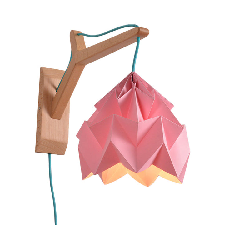 Lisslune | Curved Shadow Paper Wall Lamp Macaron 1 Head White/Pink/Yellow/Blue/Green Sconce Lamp with Wooden Backplate