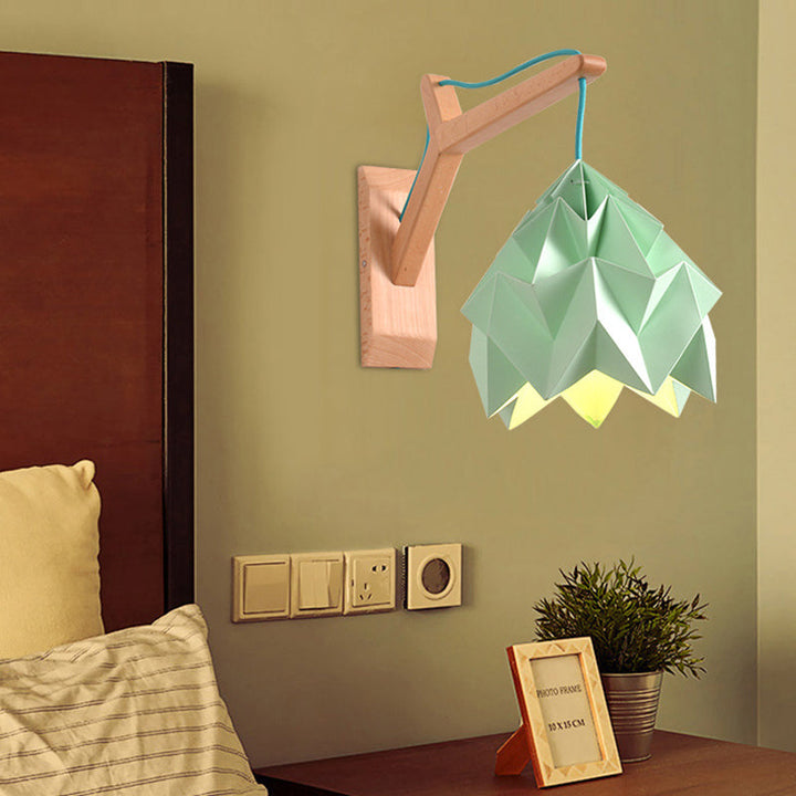 Lisslune | Curved Shadow Paper Wall Lamp Macaron 1 Head White/Pink/Yellow/Blue/Green Sconce Lamp with Wooden Backplate