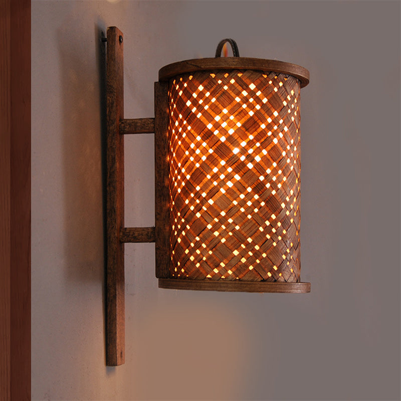 Skørter | Cylinder Wall Light Asian Bamboo 1 Bulb Brown Wall Lamp with Rectangular Back Plate