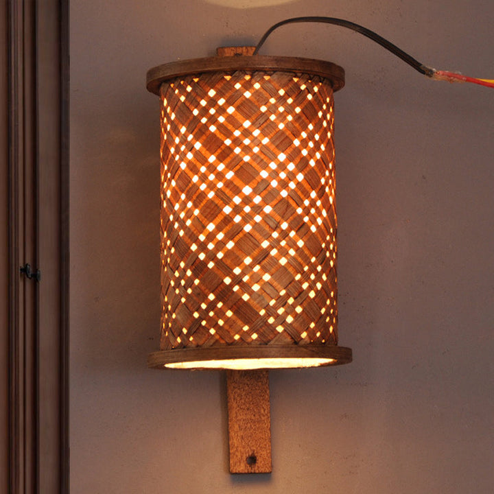 Skørter | Cylinder Wall Light Asian Bamboo 1 Bulb Brown Wall Lamp with Rectangular Back Plate