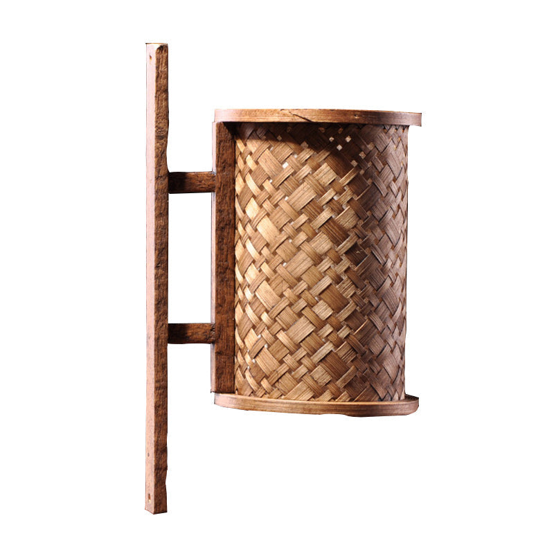Skørter | Cylinder Wall Light Asian Bamboo 1 Bulb Brown Wall Lamp with Rectangular Back Plate
