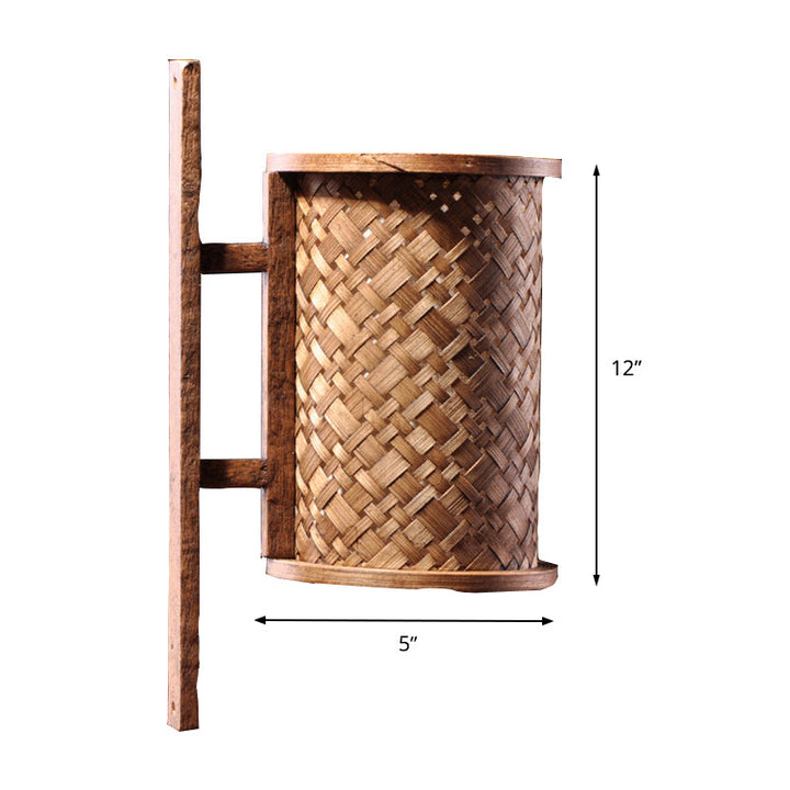 Skørter | Cylinder Wall Light Asian Bamboo 1 Bulb Brown Wall Lamp with Rectangular Back Plate