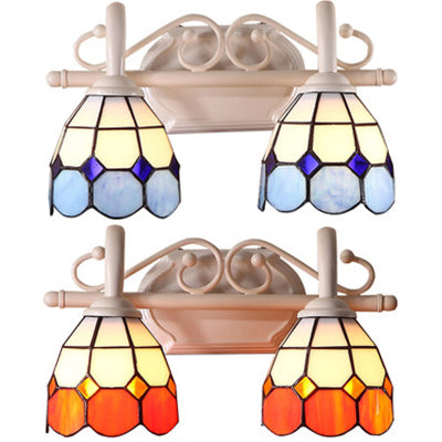 Lisslune | Dome Double Wall Lamp with Curved Arm, Stained Glass, Traditional Wall Lighting in Blue/Orange