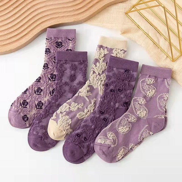 Lisslune | 5 Pair Vintage Flower Embroidery Socks
