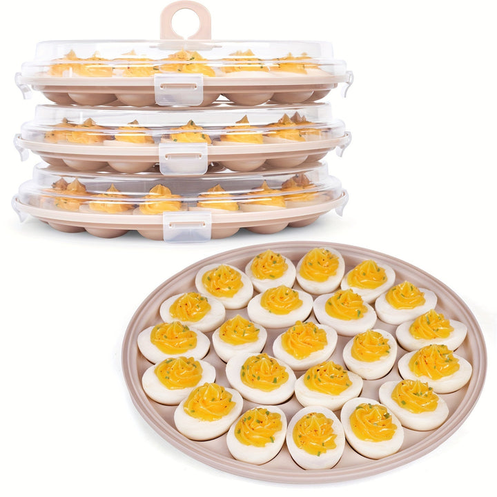 Lisslune | Shindel 3PCS Deviled Egg Platters – Brown Carrier with Lid, Round Tray for 22 Eggs, Perfect Kitchen Home Supplies