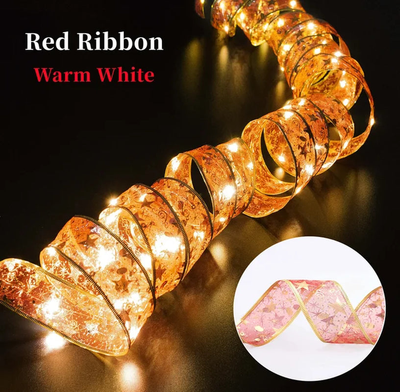Lisslune | Christmas ribbon fairy lights Christmas decoration DIY bows lights tree ornament for home 2023 Christmas ornament New Year Navidad
