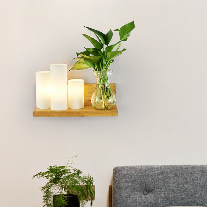 Lisslune | Opal Glass Cylinder Wall Light Industrial 1 Lamp Bedroom LED Wall Lamp in Wood, Left/Right