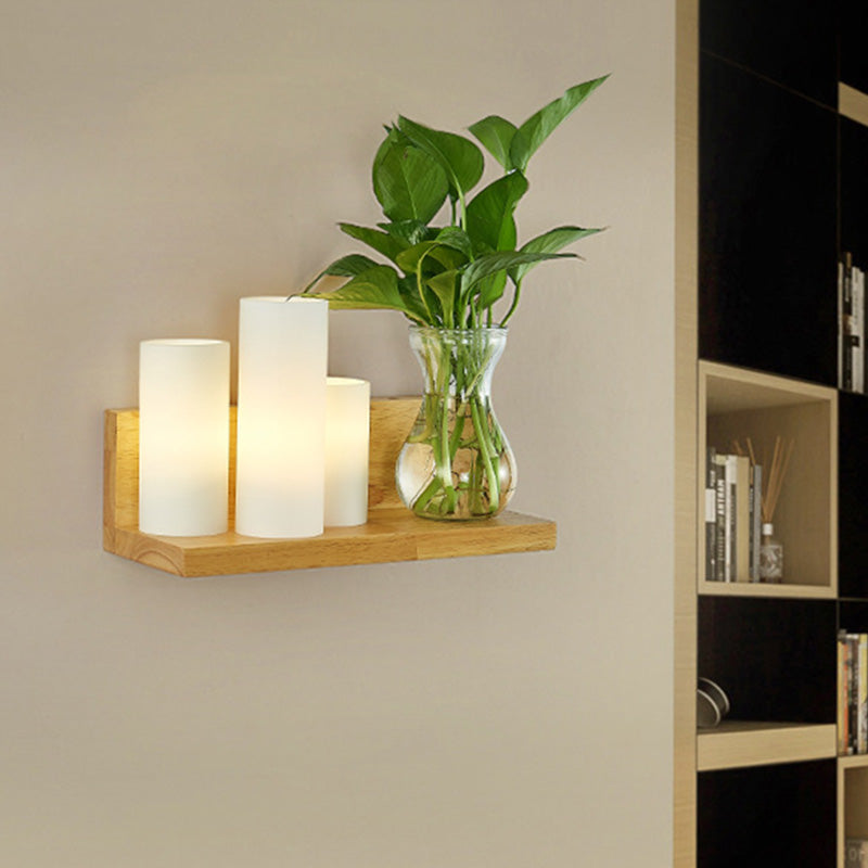 Lisslune | Opal Glass Cylinder Wall Light Industrial 1 Lamp Bedroom LED Wall Lamp in Wood, Left/Right