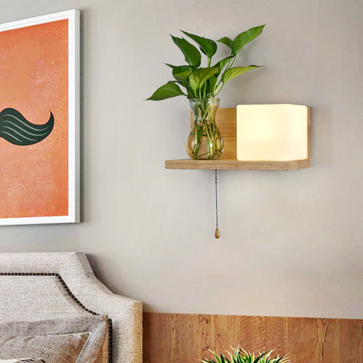Lisslune | Minimalism Square Wall Lamp Fixture 1 Main White Glass LED Wall Light in Wood, Left/Right