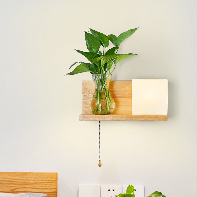 Lisslune | Minimalism Square Wall Lamp Fixture 1 Main White Glass LED Wall Light in Wood, Left/Right