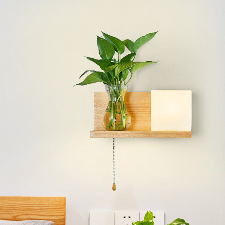 Lisslune | Minimalism Square Wall Lamp Fixture 1 Main White Glass LED Wall Light in Wood, Left/Right