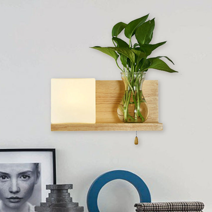 Lisslune | Minimalism Square Wall Lamp Fixture 1 Main White Glass LED Wall Light in Wood, Left/Right
