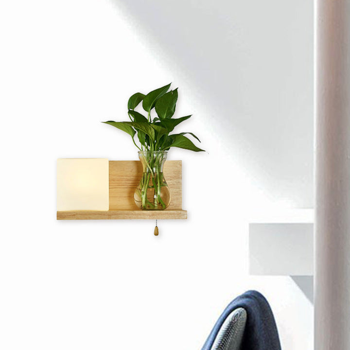Lisslune | Minimalism Square Wall Lamp Fixture 1 Main White Glass LED Wall Light in Wood, Left/Right