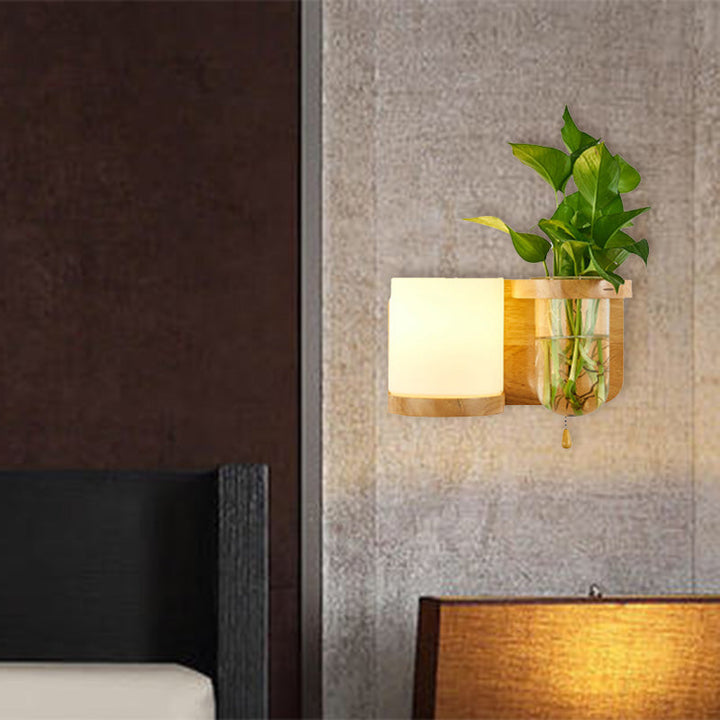 Lisslune | 1 Light source wall-mounted light industrial cylindrical opal glass LED wall sconce made of wood, left/right