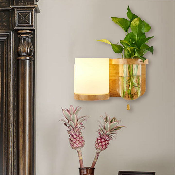 Lisslune | 1 Light source wall-mounted light industrial cylindrical opal glass LED wall sconce made of wood, left/right