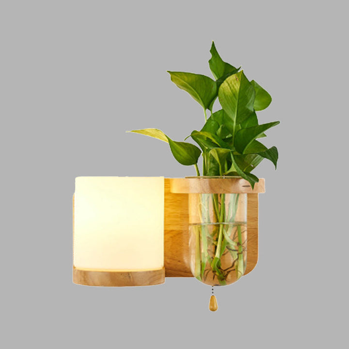 Lisslune | 1 Light source wall-mounted light industrial cylindrical opal glass LED wall sconce made of wood, left/right