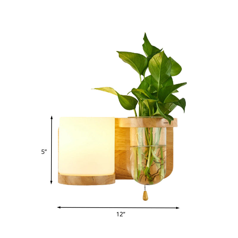 Lisslune | 1 Light source wall-mounted light industrial cylindrical opal glass LED wall sconce made of wood, left/right