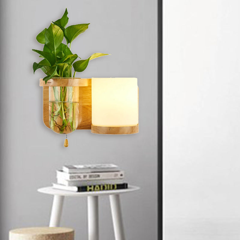 Lisslune | 1 Light source wall-mounted light industrial cylindrical opal glass LED wall sconce made of wood, left/right