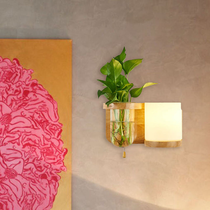 Lisslune | 1 Light source wall-mounted light industrial cylindrical opal glass LED wall sconce made of wood, left/right