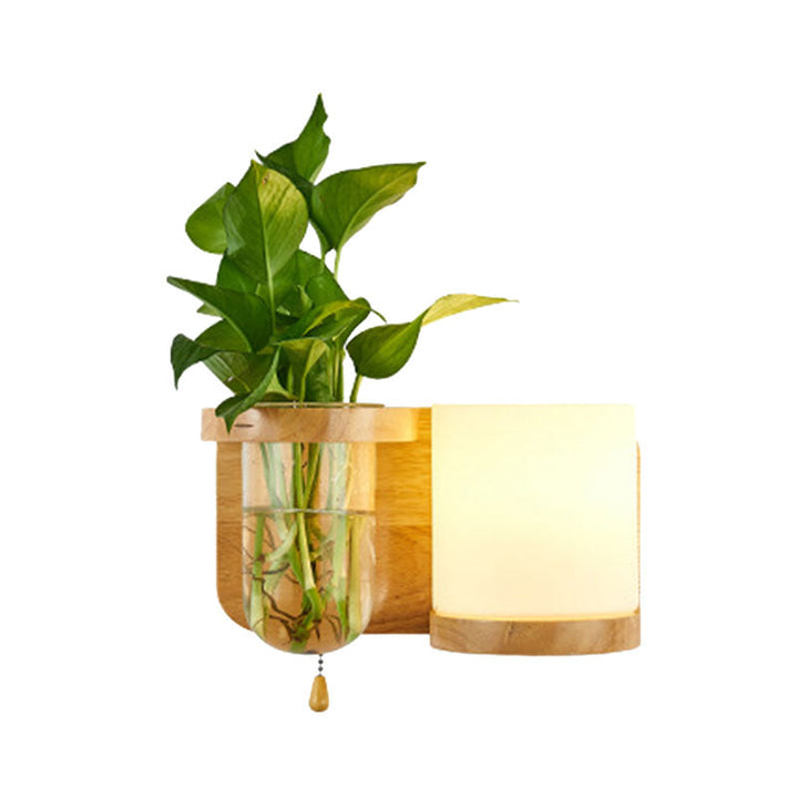 Lisslune | 1 Light source wall-mounted light industrial cylindrical opal glass LED wall sconce made of wood, left/right