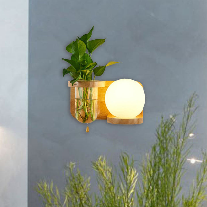 Lisslune | Ball White Glass Wall Lamp Industry 1 Bulb Bedroom LED Wall Lamp Fixture in Wood, Left/Right
