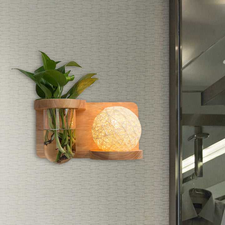 Lisslune | 1 Main Barrel/Globe Wall Lamp Industrial Wood Opal Glass LED Wall Light for Living Room, Left/Right