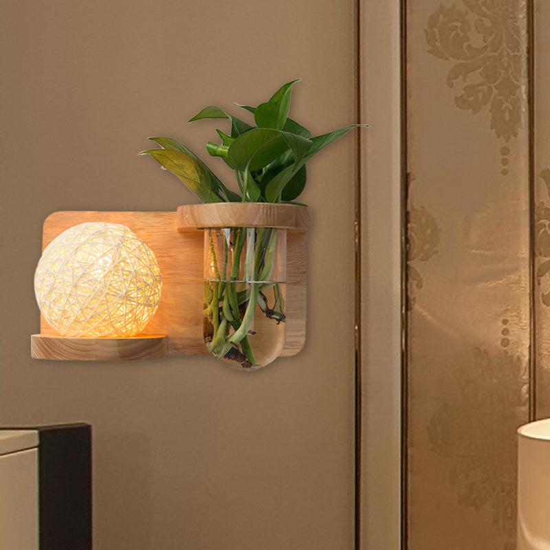 Lisslune | 1 Main Barrel/Globe Wall Lamp Industrial Wood Opal Glass LED Wall Light for Living Room, Left/Right