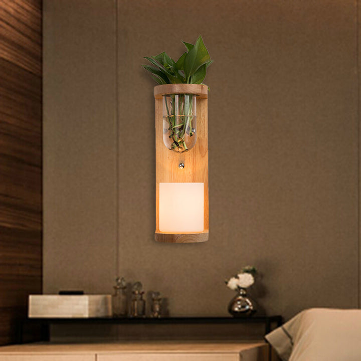 Lisslune | Cylinder Living Room Wall Lamp Industrial Opal Glass 1 Light Wood LED Wall Light Lighting Fixture