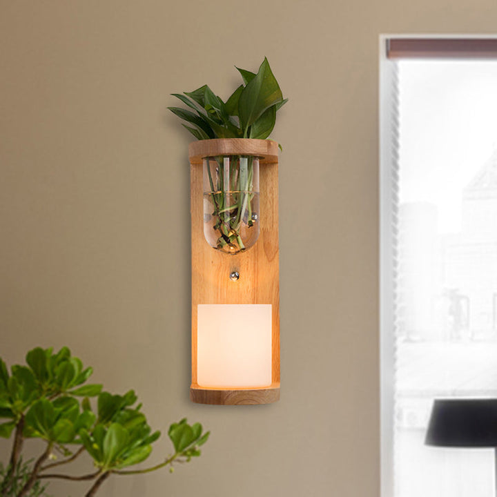 Lisslune | Cylinder Living Room Wall Lamp Industrial Opal Glass 1 Light Wood LED Wall Light Lighting Fixture