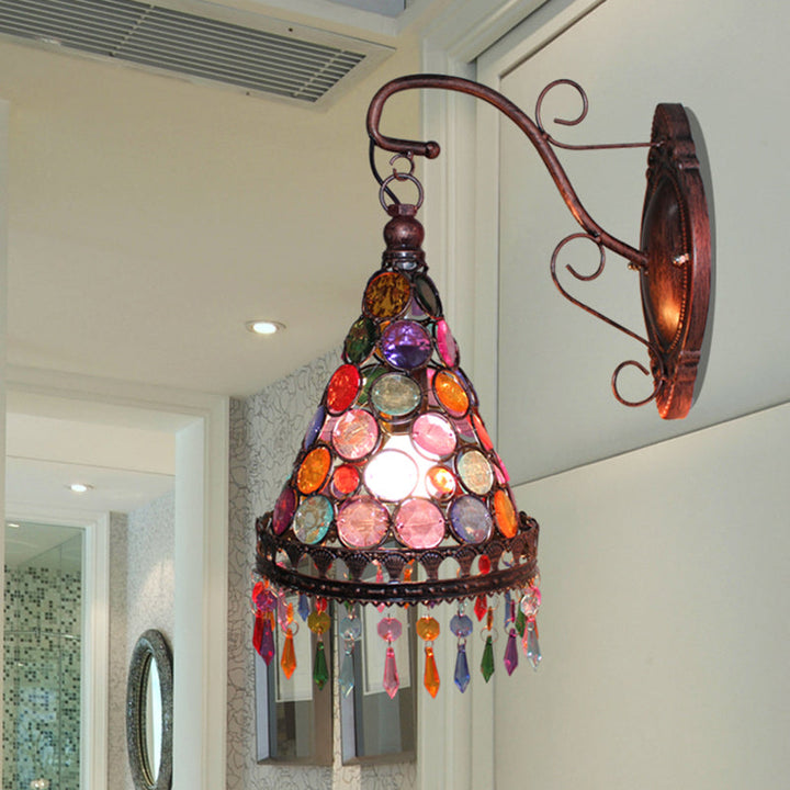 Skørter | 1 Bulb Metal Wall Light Art Deco Yellow/Blue/Purple Conical Dining Room Wall-Mounted Lighting with Hanging Glass