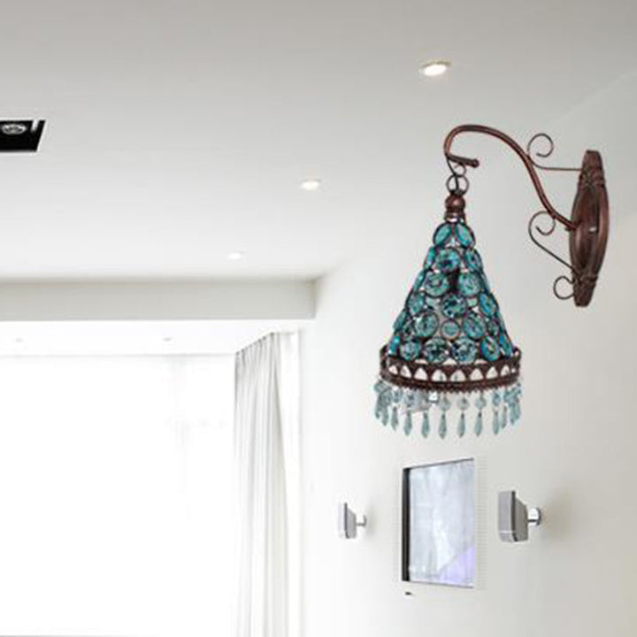 Skørter | 1 Bulb Metal Wall Light Art Deco Yellow/Blue/Purple Conical Dining Room Wall-Mounted Lighting with Hanging Glass