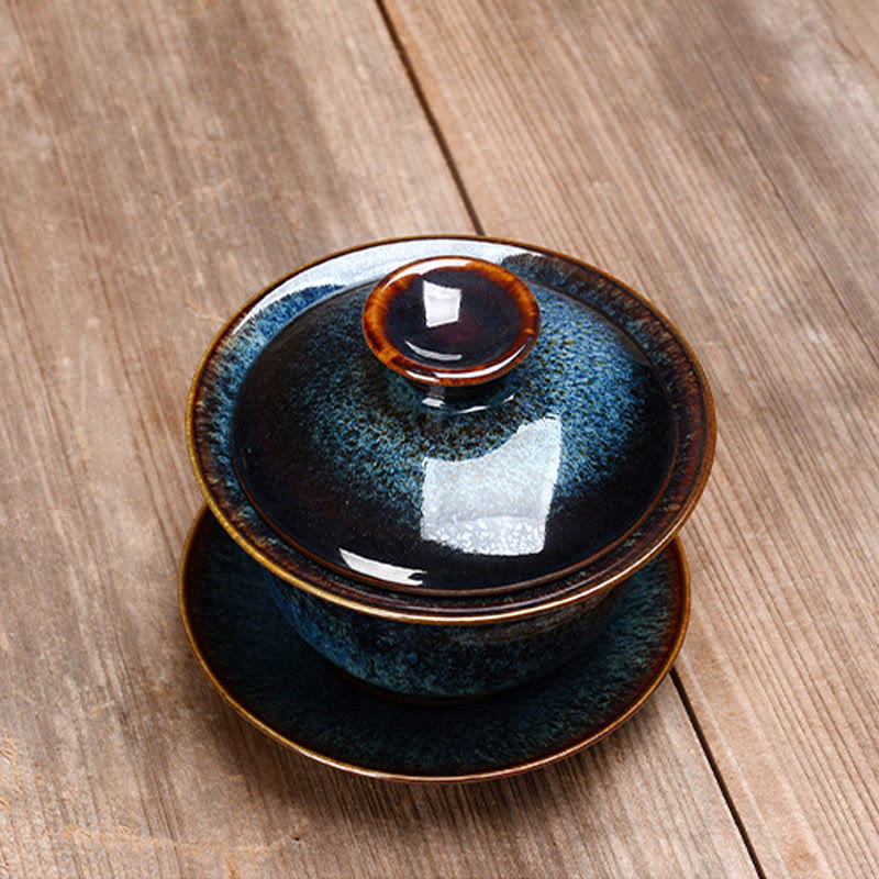 Lisslune | Vintage Kiln Ceramic Gaiwan Sancai Tea Cup Tea Cup and Saucer with Lid
