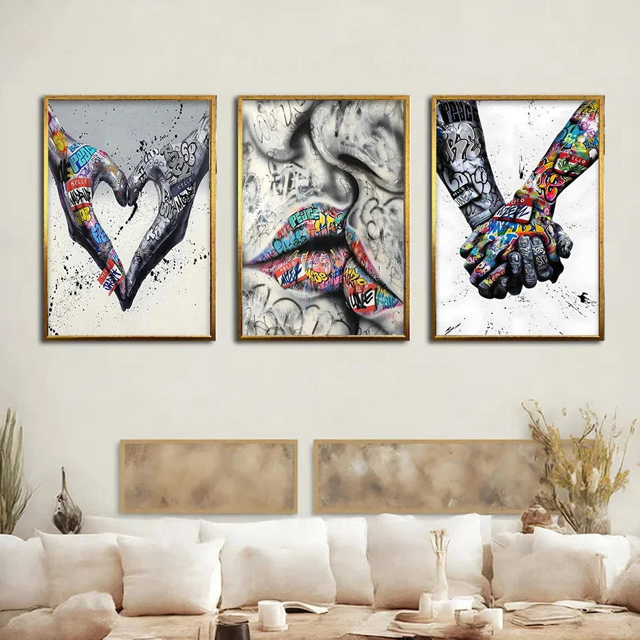 Lisslune | 3PCS Modern Love Hand in Hand Kiss the Kiss Poster Graffiti Banksy Street Wall Art Canvas Painting Prints Pictures Room Decoration