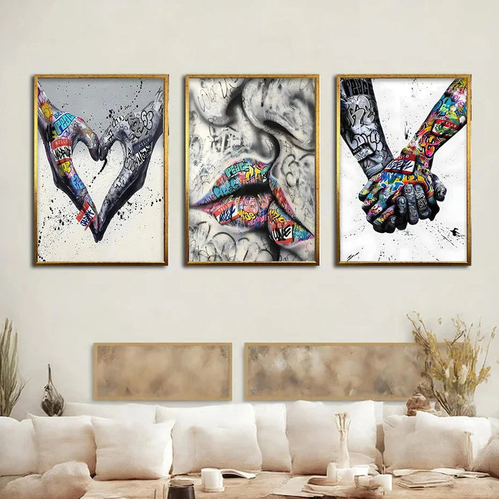 Lisslune | 3PCS Modern Love Hand in Hand Kiss the Kiss Poster Graffiti Banksy Street Wall Art Canvas Painting Prints Pictures Room Decoration