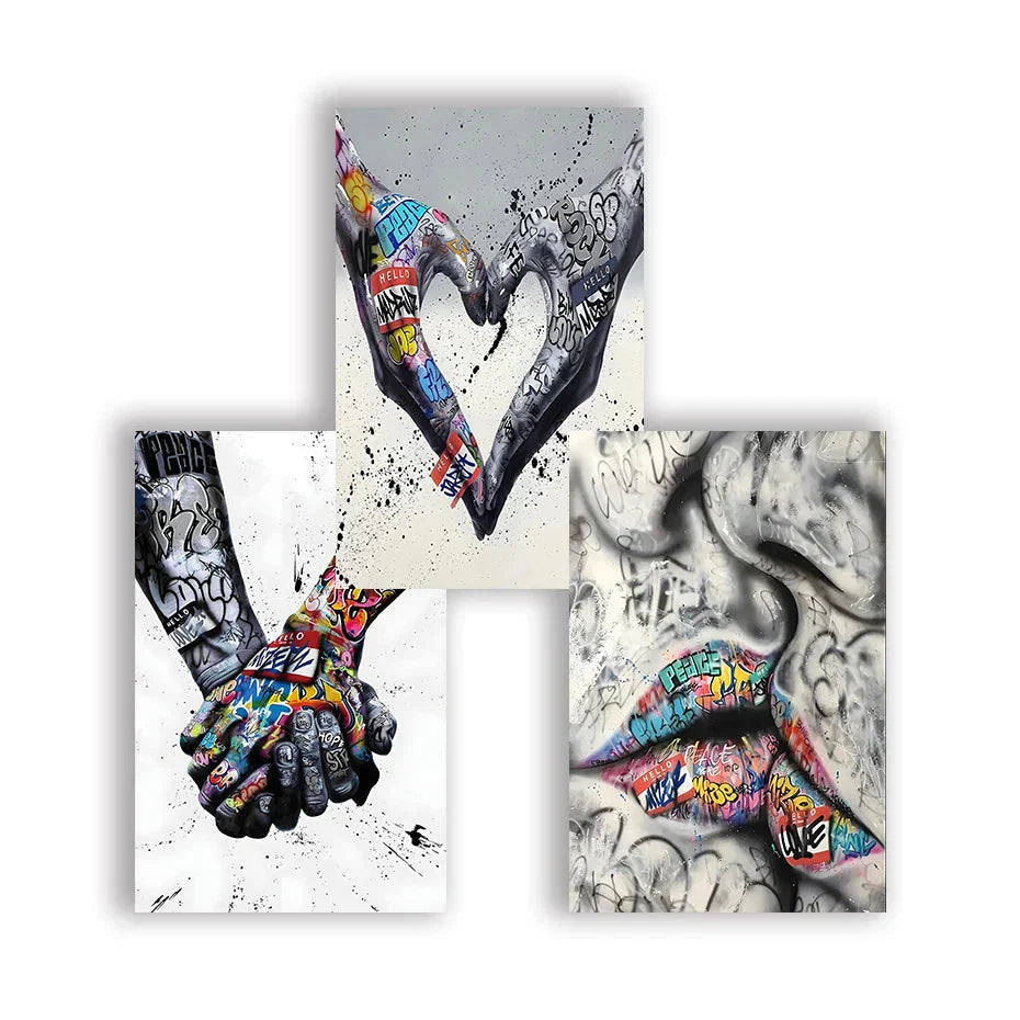Lisslune | 3PCS Modern Love Hand in Hand Kiss the Kiss Poster Graffiti Banksy Street Wall Art Canvas Painting Prints Pictures Room Decoration