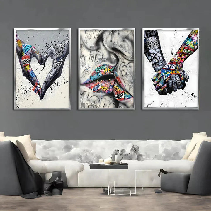 Lisslune | 3PCS Modern Love Hand in Hand Kiss the Kiss Poster Graffiti Banksy Street Wall Art Canvas Painting Prints Pictures Room Decoration