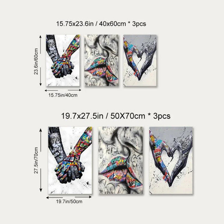Lisslune | 3PCS Modern Love Hand in Hand Kiss the Kiss Poster Graffiti Banksy Street Wall Art Canvas Painting Prints Pictures Room Decoration