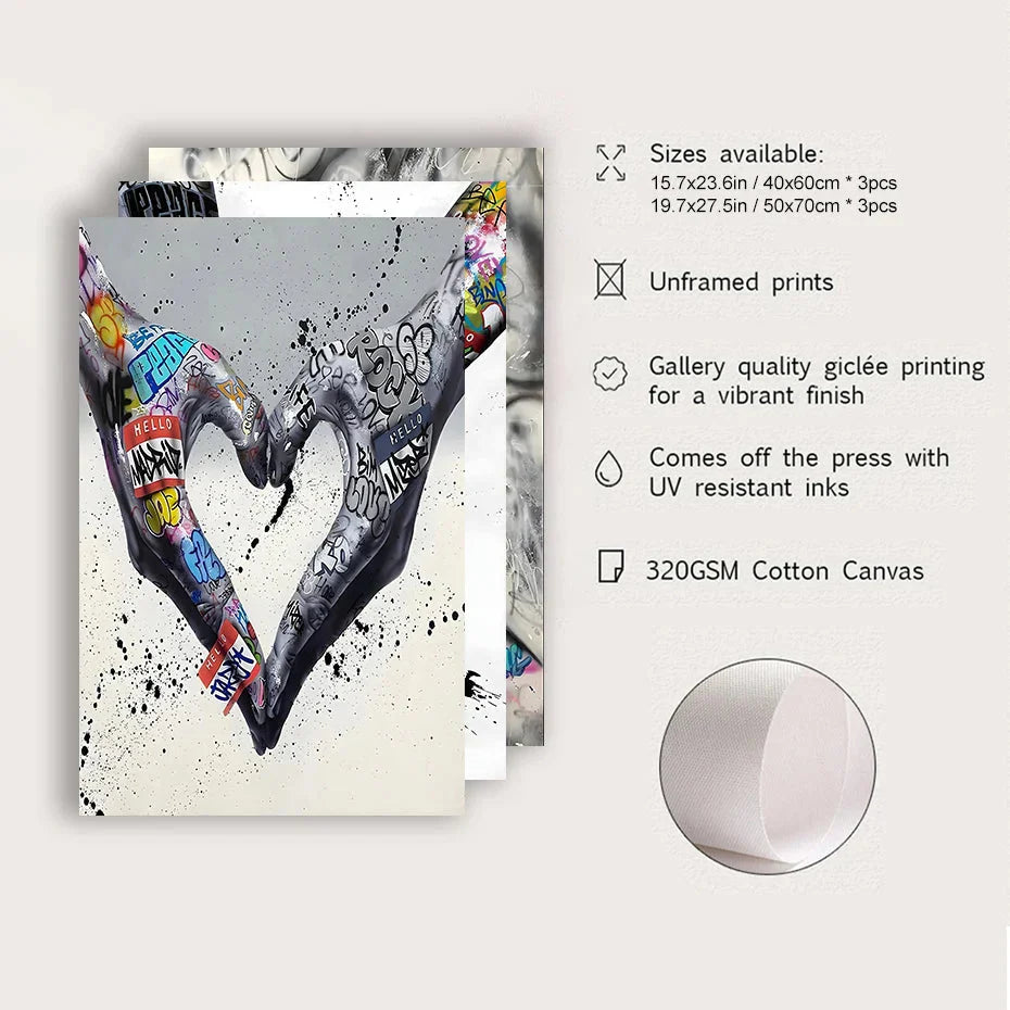 Lisslune | 3PCS Modern Love Hand in Hand Kiss the Kiss Poster Graffiti Banksy Street Wall Art Canvas Painting Prints Pictures Room Decoration