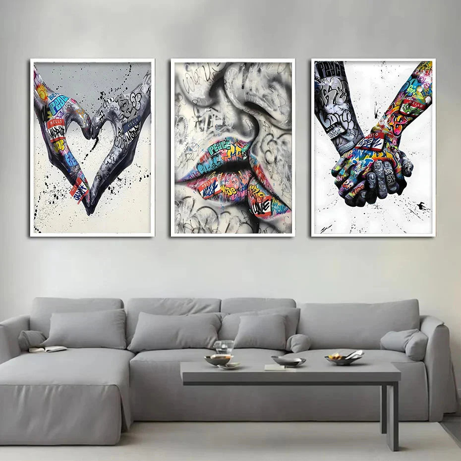 Lisslune | 3PCS Modern Love Hand in Hand Kiss the Kiss Poster Graffiti Banksy Street Wall Art Canvas Painting Prints Pictures Room Decoration