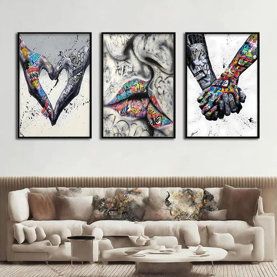 Lisslune | 3PCS Modern Love Hand in Hand Kiss the Kiss Poster Graffiti Banksy Street Wall Art Canvas Painting Prints Pictures Room Decoration