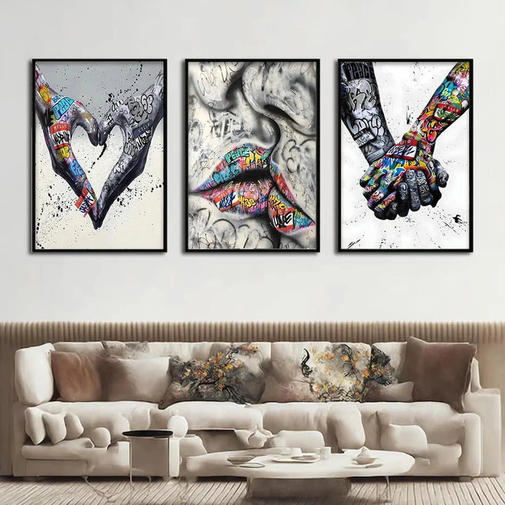 Lisslune | 3PCS Modern Love Hand in Hand Kiss the Kiss Poster Graffiti Banksy Street Wall Art Canvas Painting Prints Pictures Room Decoration