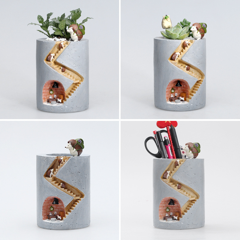 Lisslune | Decorative plant pot with hedgehog and rabbit miniature – Creative staircase design for plants