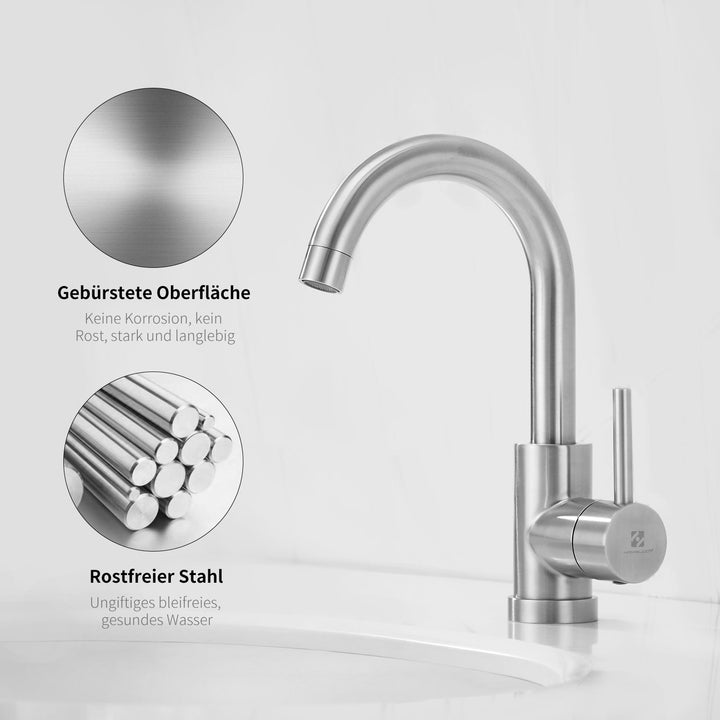 Lisslune | Stainless Steel Low Pressure Basin Mixer Brushed Single Lever Faucet Bathroom