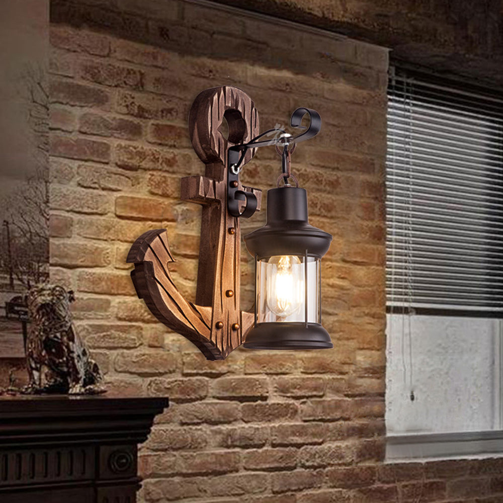 Lisslune | Rustic Wood Anchor Wall Lamp with Lantern