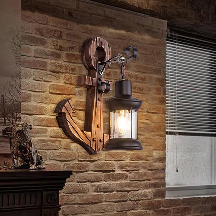 Lisslune | Rustic Wood Anchor Wall Lamp with Lantern