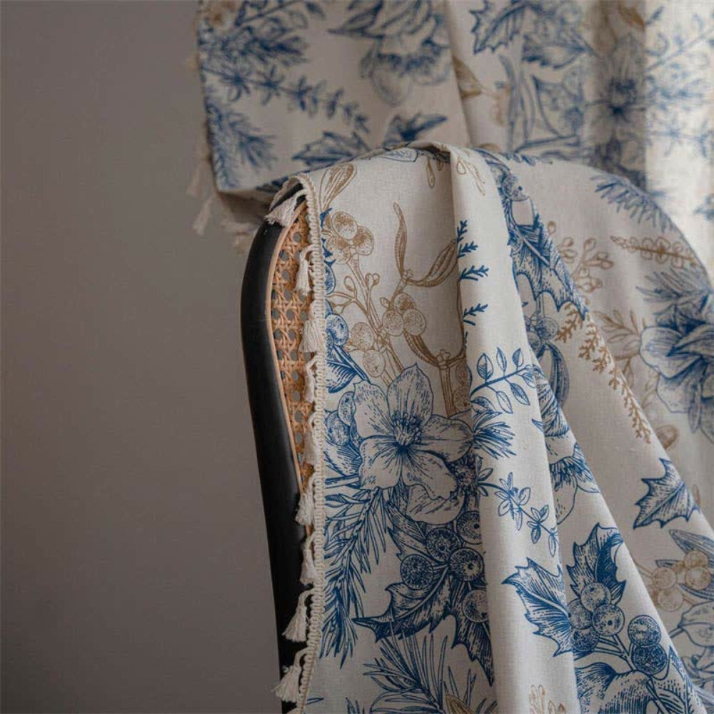 Lisslune | Farmhouse Botanical Blue Floral Curtain